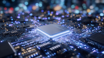 Close-up of glowing AI microchip integrated onto a circuit board, streams of neon light representing data flow, futuristic high-tech environment with holographic interface overlays