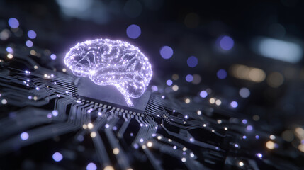 Artistic visualization of AI microchip, glowing neural network patterns radiating from chip core, digital particles floating, futuristic technology concept emphasizing connectivity