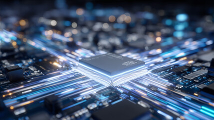 Close-up of glowing AI microchip integrated onto a circuit board, streams of neon light representing data flow, futuristic high-tech environment with holographic interface overlays
