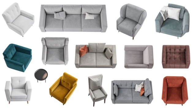 Overhead furniture shot. Sofas and armchairs, various colors, some with pillows and side table