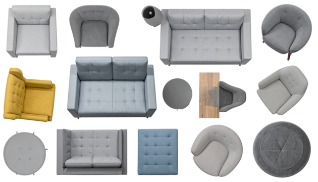 Overhead view of assorted furniture, including chairs, sofas, and tables