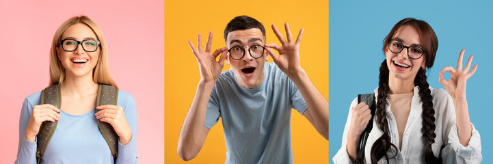 Three students express excitement and joy against colorful backgrounds. Their diverse appearances...