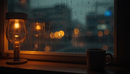 lamp light on the table with cup of coffee, using generative ai