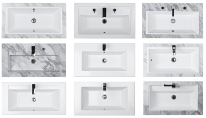 Nine clean, white bathroom sinks, each with a faucet, varying in styles and set in stone