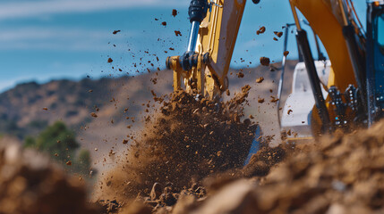 Cinematic perspective of excavator bucket tearing into ground, dirt flying mid-air, close-up detail of hydraulic arm and metal surfaces reflecting sunlight