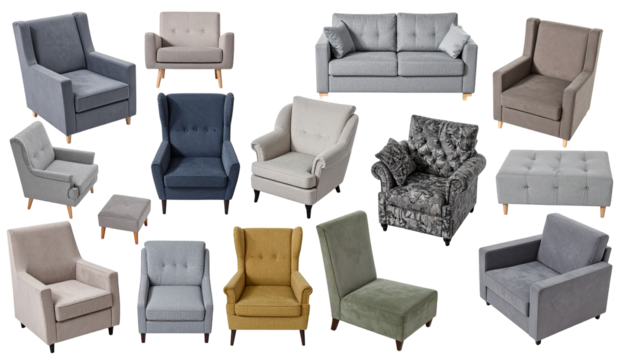 Array of various upholstered armchairs and a sofa, showcasing diverse designs and colors