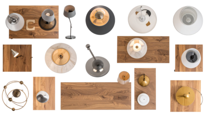 Overhead shot of wooden surfaces with various lamps, arranged for design appeal