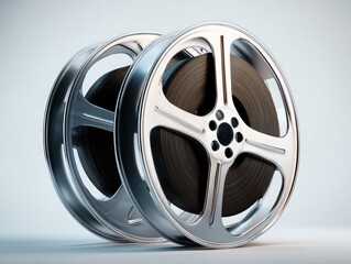 Obraz premium Two metallic reels, with dark , stand in a setting, showcasing high-quality 3D rendering.