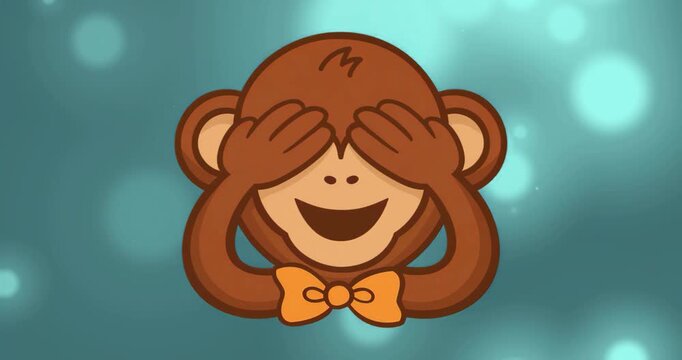 On load monkey wearing orange bowtie performing peekaboo and waving engaging audience playfully