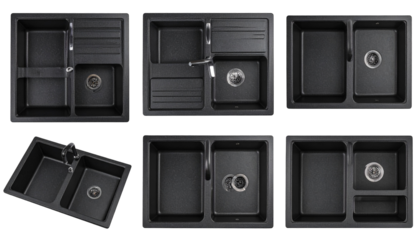 Various styles of black granite kitchen sinks. Showcasing multiple designs, layouts, and configurations