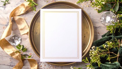 Elegant blank invitation card with gold border on a brass tray with flowers and ribbon.