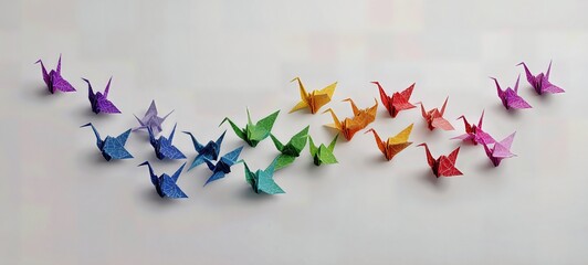 Rainbow Origami Cranes on Minimal Background