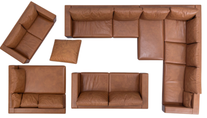 Arrangement of leather sofas in a modern, top-down view. Includes sectional, loveseat, and armchair