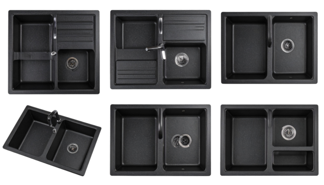 Various styles of black granite kitchen sinks. Showcasing multiple designs, layouts, and configurations