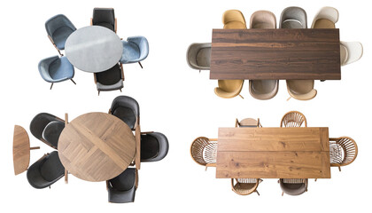 Four dining sets round and rectangular tables with chairs from above. Various colors and styles