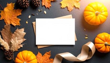 Festive autumn composition with a blank card, mini pumpkins, pinecones, and colorful fall leaves on a black slate background.