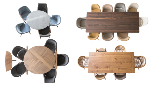 Four dining sets round and rectangular tables with chairs from above. Various colors and styles