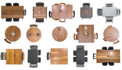 Overhead view of assorted dining tables with seating arrangements, from wood to modern designs