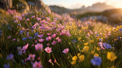Obraz premium Colorful wildflowers blooming in sunlit meadow at golden hour, vibrant spring nature scene, peaceful outdoor landscape, fresh flowers in soft focus, natural beauty, seasonal floral field with warm 