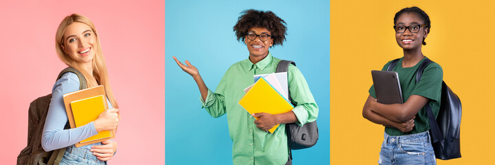 Three diverse students stand against vibrant backgrounds, each holding books and laptops. They express enthusiasm for their education, embodying a bright and collaborative learning environment.