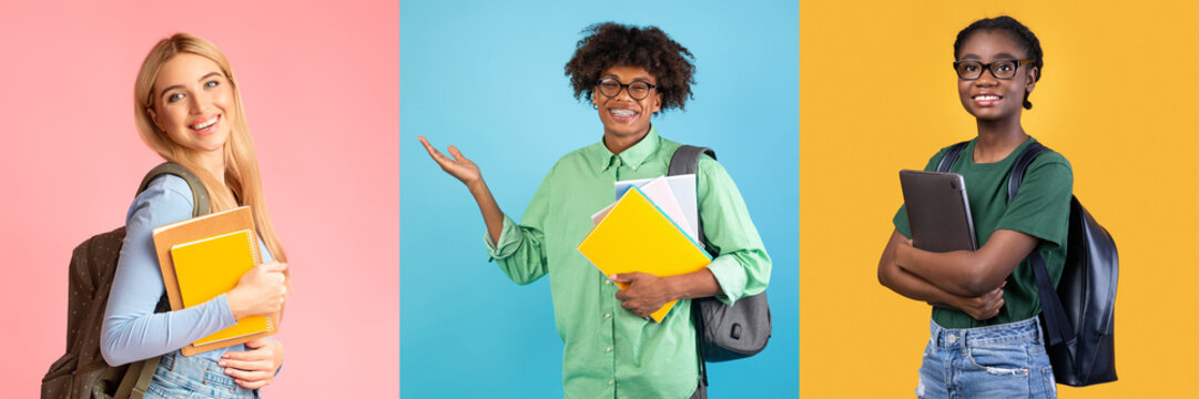 Three diverse students stand against vibrant backgrounds, each holding books and laptops. They express enthusiasm for their education, embodying a bright and collaborative learning environment.