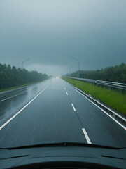 Fototapeta premium POV: Carefully driving along an empty motorway during a severe summer rainstorm. First person view of a dangerous commute down an empty freeway during an intense storm. Driving during rainy season.