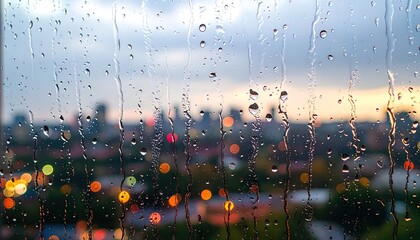 Rain Drops on Glass Window City Bokeh Background