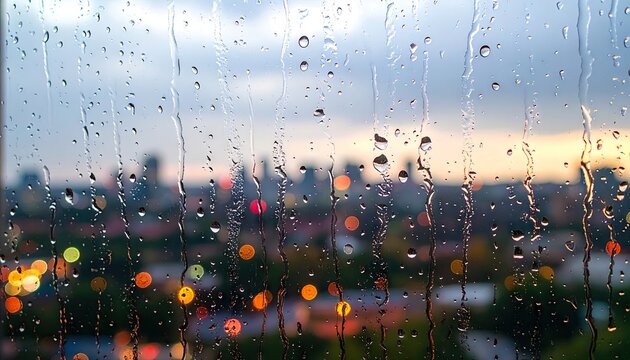 Rain Drops on Glass Window City Bokeh Background