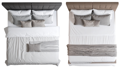 Aerial shot displays two decorated beds; one grey & one tan, each with pillows, sheets, and decorative throws