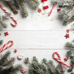 Christmas greeting card with fir branches and Christmas tree holiday decoration frame winter celebration