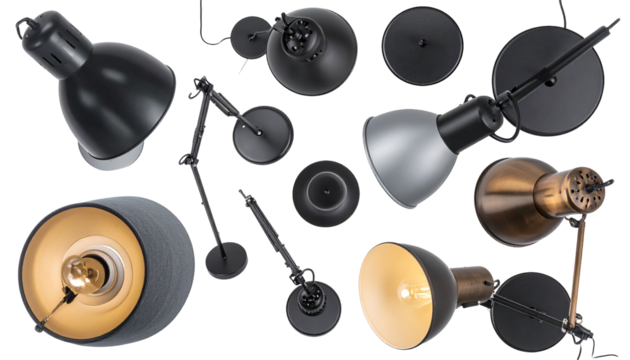 Various modern lamps showcasing diverse designs, finishes, lighting effects