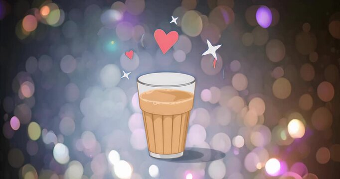 Bokeh fading in, creamy tea glass holding hearts and star sparks rising, falling, looping romance