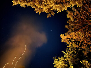 Night sky view framed by lush trees, showcasing a blend of stars and wispy clouds illuminated by...