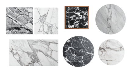 Various marble slabs with unique veining patterns. Various shapes are shown