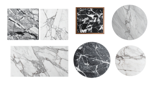 Various marble slabs with unique veining patterns. Various shapes are shown