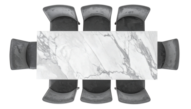 Overhead view of a rectangular dining table with marble top and eight gray upholstered chairs around it