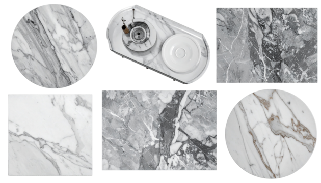 Various marble textures, showcasing veining patterns on circular, rectangular, and unique shapes