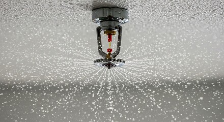 A sprinkler head is spraying out water, creating a fine mist that diffuses across the ceiling of the room.