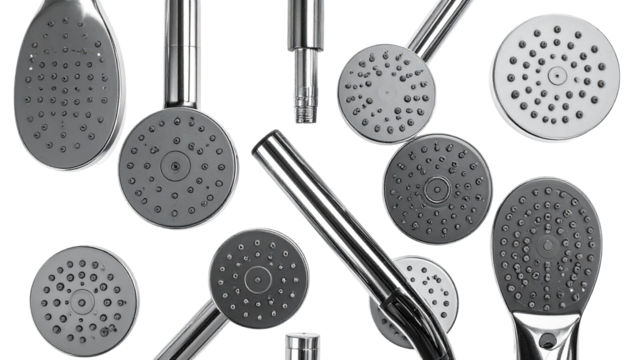 Group of showerheads, various shapes and designs in chrome, displaying holes and nozzles. Plumbing fixtures