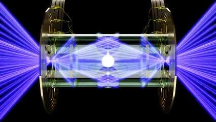 3d render of a laser irradiated inertial confinement fusion occurring in a hahlraum.