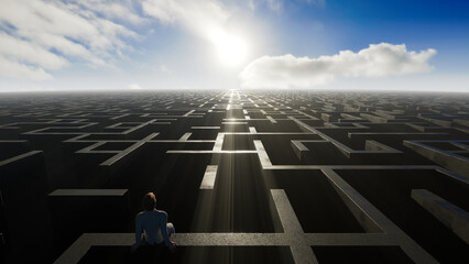 3d render of a man sitting in bright sunlight while looking out over a vast maze.
