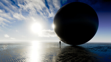 3d render of a man standing next to an enormous black ball.
