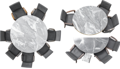 Overhead view of two tables, one round, the other half-circle with chairs. Marble tops, dark seats