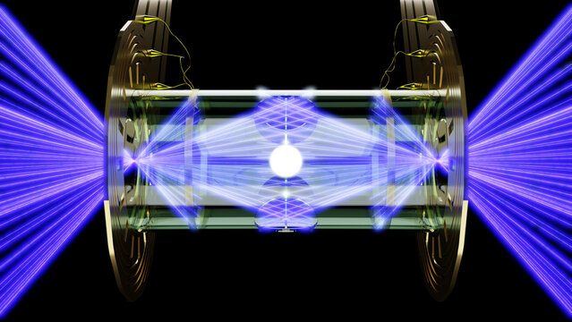 3d render of a laser irradiated inertial confinement fusion occurring in a hahlraum.