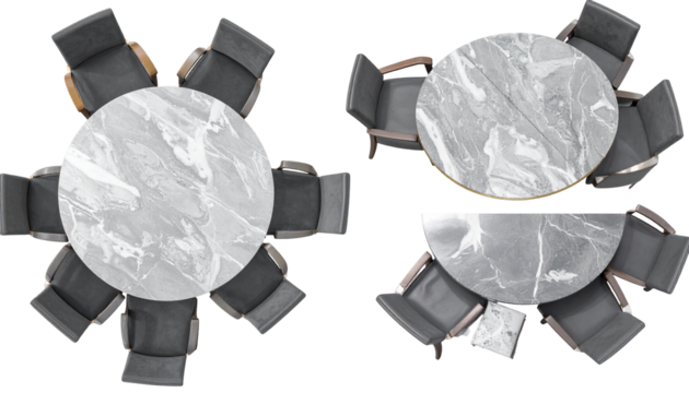 Overhead view of two tables, one round, the other half-circle with chairs. Marble tops, dark seats