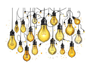 Hand-drawn style of many glowing light bulbs, arranged on black background, stringed