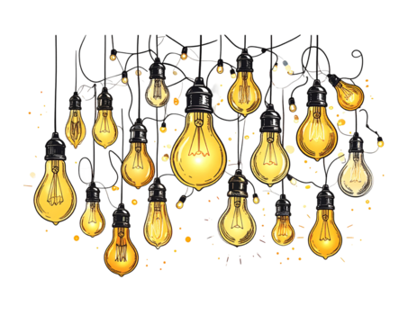 Hand-drawn style of many glowing light bulbs, arranged on black background, stringed - Powered by Adobe