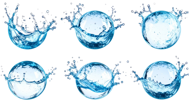 Six water spheres burst, showcasing splash dynamics. Vibrant blues dominate against a black backdrop, creating liquid art