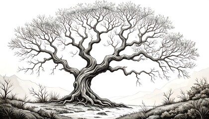 Majestic ancient tree against a backdrop of mountains and water