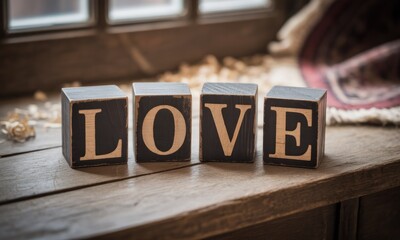 Wooden blocks spelling "LOVE" on a rustic wooden surface by a window